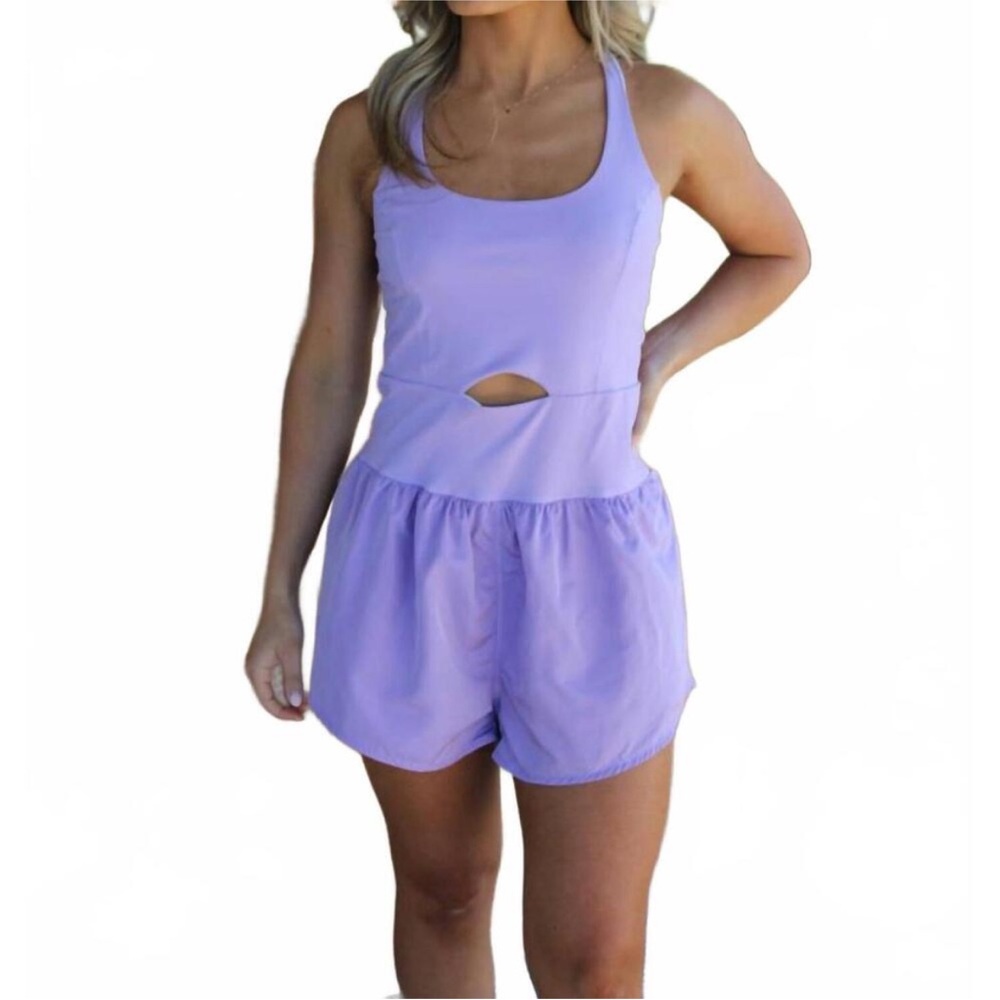 Romp around town TCEC purple cutout athletic romper from hazel & olive boutique